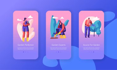 Erkek ve Kadın Karakterler Büyüyen, Dikim ve Bahçe Kavramı Web sitesi veya Web Sayfası için Ağaçların Bakımı. Bahçe İnsanlar, Hobi Mobil App Page Onboard Ekran Seti, Karikatür Düz Vektör İllüstrasyon