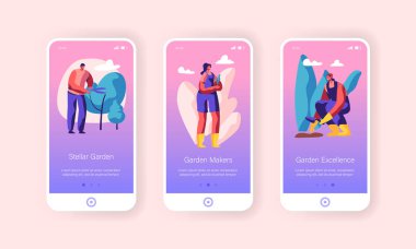 Web Sitesi veya Web Sayfası için Bahçe İnsanlar Kavramı, Bahçe Bitkilerin Büyüyen ve Bakımı, Summertime Mevsimlik Hobi Mobil App Page Onboard Ekran Seti Karikatür Düz Vektör İllüstrasyon