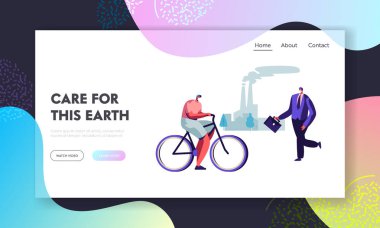 İnsanlar Kirli Şehirde Koruyucu Yüz Maskeleri Giyen, Bisiklete Binen, İş Yerinde Yaşayan. Fabrika Boruları Yayan Endüstriyel Sis Web Sitesi Açılış Sayfası, Web Sayfası. Karikatür Düz Vektör İllüstrasyon, Afiş