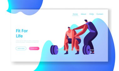 Antrenör ile Spor Salonunda Sporcu Powerlifter Eğitim. Ağırlık ile Spor Egzersiz Erkek Karakter. Egzersizler, Spor Aktivite Web Sitesi Açılış Sayfası, Web Sayfası. Karikatür Düz Vektör İllüstrasyon, Afiş