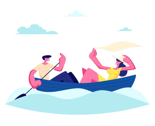 Jovem casal feliz de homem e mulher flutuando barco na superfície da água. Enfileiramento de Personagem Masculino com Raquete, Garota Segurando Xale. Férias de verão, Pessoas amorosas Sparetime Cartoon Flat Vector Ilustração —  Vetores de Stock