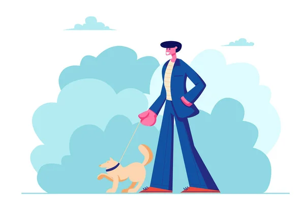 夏に犬と一緒にアウトドアを歩く男。フォーマルスーツの男性キャラクターは、公共の公園でペットと一緒に時間を過ごし、リラックス、子犬とのレジャー、動物とのコミュニケーション。漫画フラットベクトルイラスト — ストックベクタ