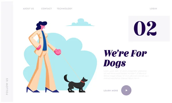 Mujer paseando con el perro en el parque. Pasar tiempo con mascotas al aire libre en el horario de verano. Relax, Ocio, Comunicación con los Animales Página Web Landing Page, Página Web. Ilustración plana del vector de la historieta, bandera — Archivo Imágenes Vectoriales