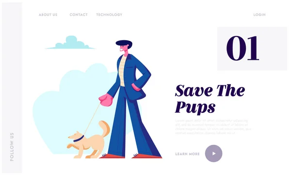 Hombre paseando con el perro al aire libre. Personaje masculino en traje formal Pasar tiempo con mascotas, Relajarse con cachorro, La gente ama a los animales Página Web Landing Page, Página Web. Ilustración plana del vector de la historieta, bandera — Archivo Imágenes Vectoriales