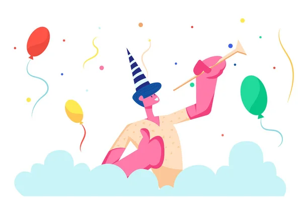 Πάρτι γενεθλίων. Χαρούμενος άνθρωπος σε εορταστική καπέλο παίζοντας σωλήνα γιορτάζοντας γενέθλια εκδήλωση για το πολύχρωμο φόντο με μπαλόνια και κομφετί, αγαλλίαση αρσενικό κινούμενα σχέδια επίπεδο διανυσματική απεικόνιση — Διανυσματικό Αρχείο