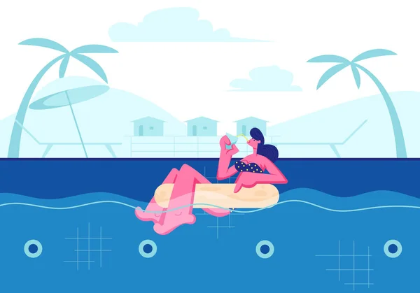 Summertime Leisure, Vacation. Young Happy Woman Relaxing on Resort, Floating at Inflatable Ring in Swimming Pool and Drinking Cocktail. Tropical Vacation Sparetime. Cartoon Flat Vector Illustration