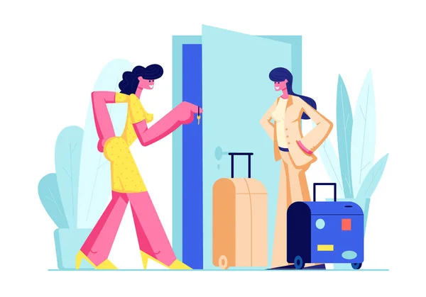 Vrouwelijke eigenaar geeft sleutel van huis aan vrouwelijke gast met bagage. Happy Young Woman Traveler gaat appartement huren voor vrije tijd. Reizen, Tourist Rent Flat voor vakantie. Cartoon Flat Vector Illustratie — Stockvector