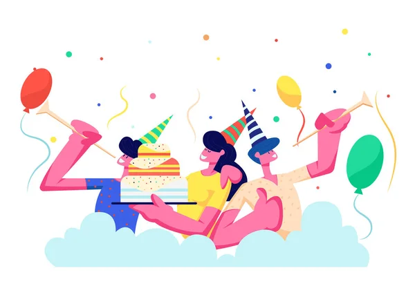 День рождения. Группа веселых людей в праздничных шляпах, играющих в трубы празднуя праздник на красочном фоне с торт, воздушные шары и конфетти, мужчины, женщины радуются. Мультипликационный вектор — стоковый вектор