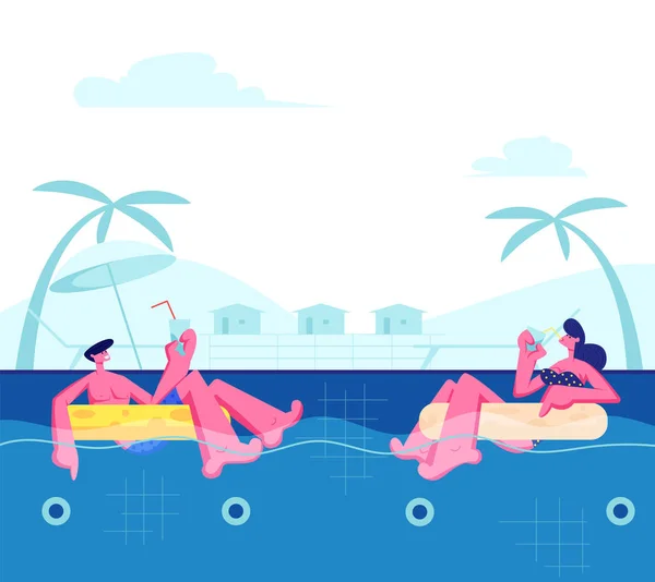 Young Happy Couple Relaxing on Resort, Floating at Inflatable Rings in Swimming Pool and Drinking Cocktails. Tropical Vacation Sparetime, Summertime Leisure, Honeymoon Cartoon Flat Vector Illustration — Stock Vector