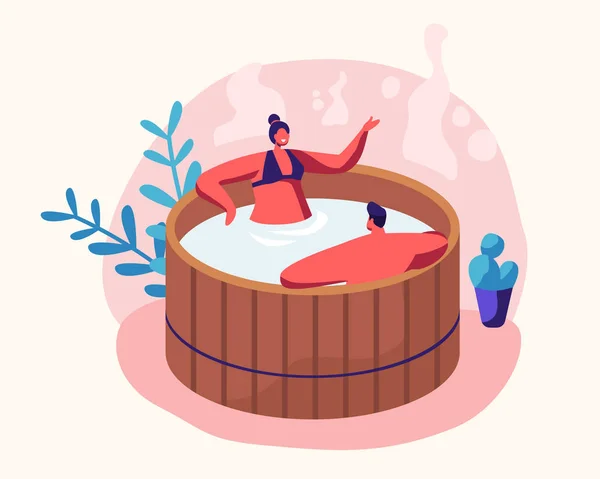 Casal de Jovem e Mulher Sentado em Banho de Madeira com Água Tomando Sauna e Spa Procedimento Água. Relaxamento, Terapia para o Corpo, Bem-Estar, Higiene, Lua de Mel, Date Cartoon Flat Vector Illustration —  Vetores de Stock