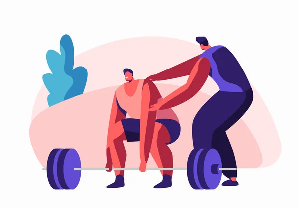 Sportman powerlifter training in Gym met coach Help. Mannelijk personage in Sportswear workout met gewicht. Bodybuilding oefeningen, sport activiteit, gezonde levensstijl. Cartoon platte vector illustratie — Stockvector