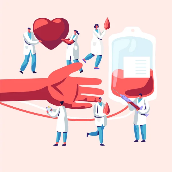 献血。医療ユニフォームの男性、女性のキャラクターは、人間の手からプラスチック容器への生命血液輸血を作ります。寄付研究室、ヘルスケア、慈善団体。漫画フラットベクトルイラスト — ストックベクタ