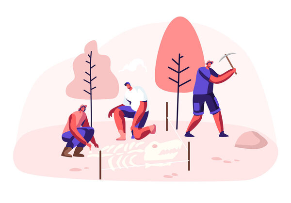 Археологи, палеонтологи, ученые, работающие над раскопками или копанием почвенных слоев, исследующих древние артефакты. Люди, изучающие ископаемые кости динозавров. Мультипликационный вектор
