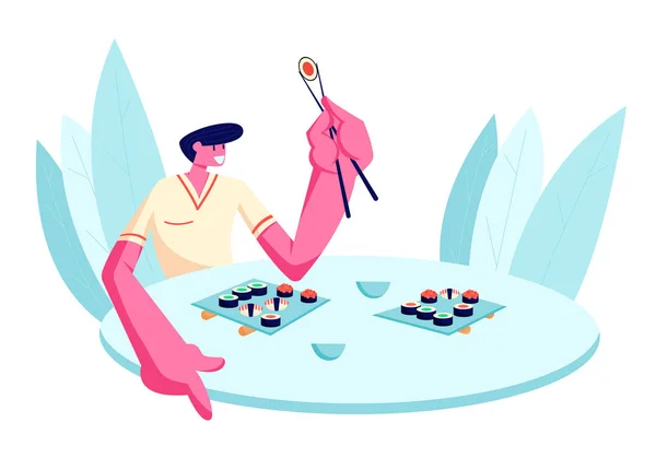 Jovem Homem Feliz Comendo Sushi no Restaurante. Personagem masculino segurando pauzinhos sentados à mesa com comida japonesa. Fim de semana Lazer, Relaxamento, Refeição, Descanso, Sparetime. Desenhos animados ilustração vetorial plana — Vetor de Stock