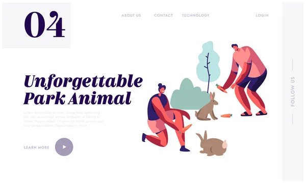 Le persone trascorrono del tempo nello zoo all'aperto, comunicando e giocando con animali selvatici, alimentando conigli, tempo libero estivo, Pagina iniziale del sito web del parco animale, pagina web. Illustrazione vettoriale piatta del fumetto, bandiera — Vettoriale Stock