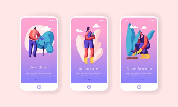 Trädgårdsskötsel människor koncept för webbplats eller webbsida, tecken växer och skötsel av växter i trädgården, sommartid säsongsbetonad hobby mobil app sida ombord Screen set tecknad platt vektor illustration — Stock vektor