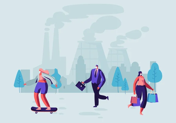 Luchtvervuiling, mensen in beschermende gezichtsmaskers lopen op straat tegen fabrieks leidingen die rook uitzenden. Dagelijks leven, fijnstof, industriële smog, emissie van verontreinigende gassen. Cartoon platte vector illustratie — Stockvector