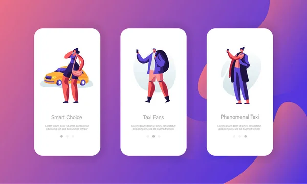 Conceito de Serviço de Táxi para Site ou Página Web. Motorista Esperando Passageiro com Bagagem para o Destino. Pessoas que pedem táxi carro usando Mobile App Page, Onboard Screen Set. Desenhos animados ilustração vetorial plana — Vetor de Stock