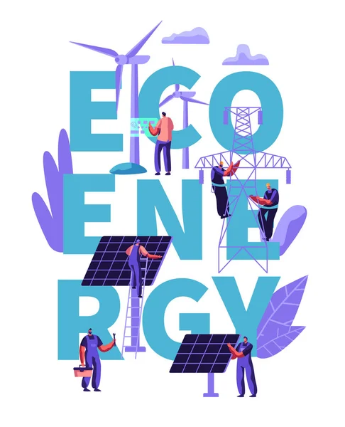 Zielona koncepcja Eco Alternative czystej energii, ekologia, środowisko. Ludzie w Wind Mill turbiny, panele słoneczne. Zrównoważony zasilacz. Plakat, banner, ulotka, broszura kreskówka wektor płaski ilustracja — Wektor stockowy