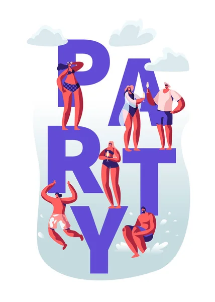 Sommar strandfest koncept. Manliga, kvinnliga karaktärer som har fritid, koppla av på havet i baddräkter, dricka, hoppa till vatten affisch, banner, Flyer, broschyr. Tecknad platt vektor illustration — Stock vektor