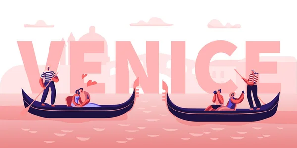 Kärlek i Venedig koncept. Lyckliga par i gondoler med Gondoliers flyter på kanalen, kramas, vilket gör foto. Romantisk tur i Italien affisch, banner, Flyer, broschyr. Tecknad platt vektor illustration — Stock vektor