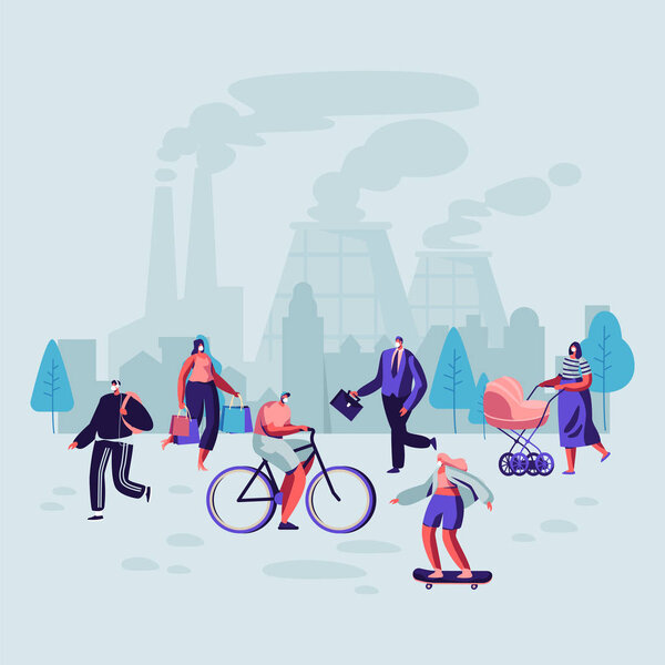 Sad People Wearing Protective Face Masks Walking on Street Against Factory Pipes Emitting Smoke. Fine Dust, Air Pollution, Industrial Smog, Pollutant Gas Emission. Cartoon Flat Vector Illustration