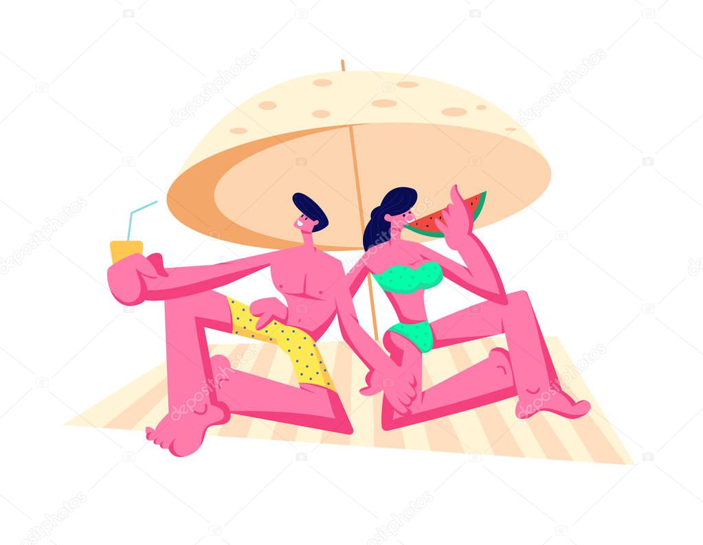 Happy Young Couple Relaxing on Beach under Sun Umbrella Drinking Juice, Eating Watermelon. Summer Vacation, Traveling, Seaside Leisure, Man and Woman Summertime Rest. Cartoon Flat Vector Illustration