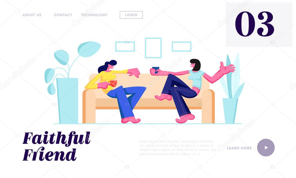 Couple of Girls Sitting on Couch, Drinking Beverages and Communicating at Home. Female Friendship, Leisure, Chatting Friends Website Landing Page, Web Page. Cartoon Flat Vector Illustration, Banner