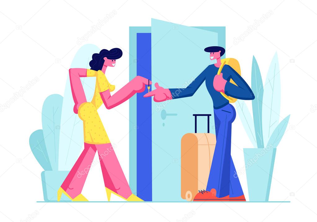 Happy Young Man with Luggage Stand near Open Door Rent Apartment for Leisure. Woman Owner Giving Key from Home to Lodger. Traveling, Tourist Rent Flat for Vacation. Cartoon Flat Vector Illustration