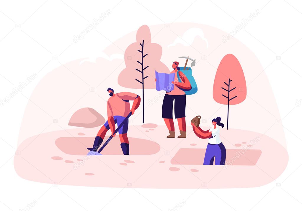 Archeologists, Scientists Working on Excavations with Professional Equipment, Digging Soil Layers with Shovel and Exploring Artifacts. People Studying Ancient History. Cartoon Flat Vector Illustration