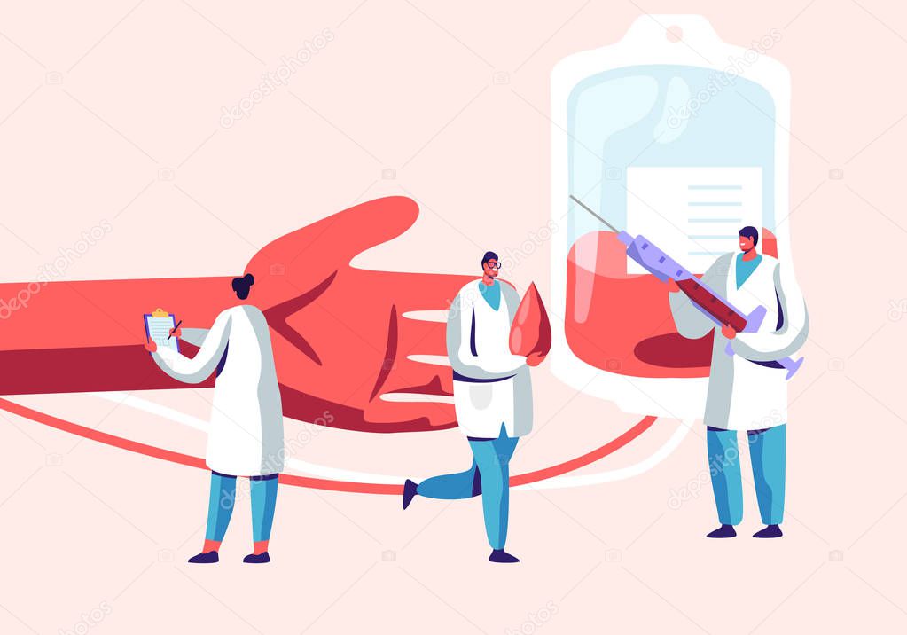 Blood Donation. Male, Female Characters in Medical Uniform Making Lifeblood Transfusion from Human Hand to Plastic Container. Donation Laboratory, Healthcare, Charity.Cartoon Flat Vector Illustration