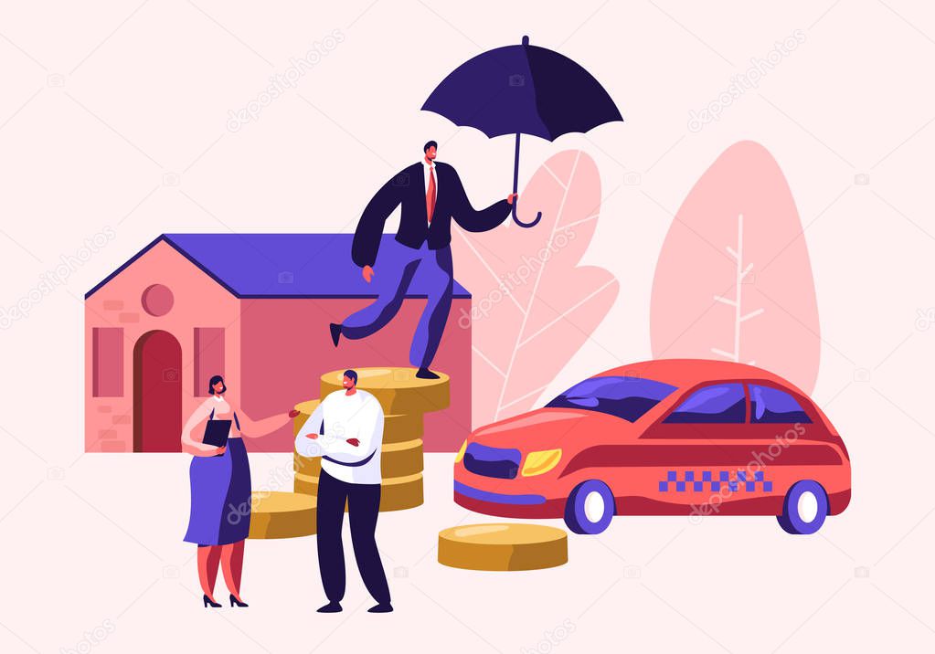 Client Speaking with Insurance Woman Agent for Signing Policy for Property Home and Car Protection. Man with Umbrella on Coin Pile. Guarantee and Secure in Future. Cartoon Flat Vector Illustration