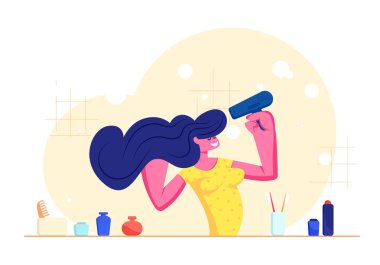 Banyoda Sabah Hijyeni Prosedürü. Genç Adorable Woman Stand Ayna önünde ve Saç Kurutma Makinesi ile Saç Kurutma Saç