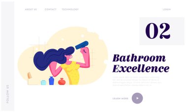 Banyo veya duş yaptıktan sonra saç kurutma makinesiyle Kurutan Kadın. Her gün kadın rutini, tuvalette sabah hijyen prosedürü. Web sitesi İniş Sayfası, Web Sayfası. Çizgi film Düz Vektör İllüstrasyonu, Banner