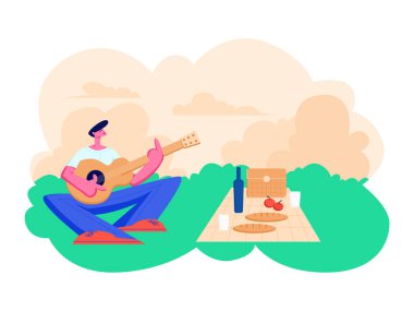 Çimenlerde oturan, şarkı söyleyen ve gitar çalan genç adam. Açık havada Piknik, Yaz Kampı ya da Şehir Parkı 'nda. Yaz Tatili, Tatil Yürüyüşü veya Seyahat. Çizgi film Düz Vektör İllüstrasyonu