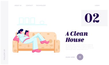 Koca göbekli hamile kadın rahat koltukta uzanıyor ve evde kitap okuyor. Boş Zaman, Hafta Sonu, Doğum Sitesi İniş Sayfası, Web Sayfası. Çizgi film Düz Vektör İllüstrasyonu, Banner