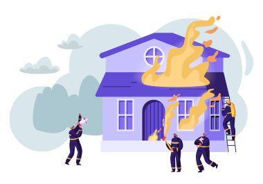 Yanan Evde Alevler ile Mücadele İtfaiyeciler Grubu. İtfaiyeciler Üniforma Büyük Yangın ile Söndürmek Erkek Karakterler Takım, Megafon cry, Taşıma Su, Köpek Karikatür Düz Vektör İllüstrasyon Tasarruf