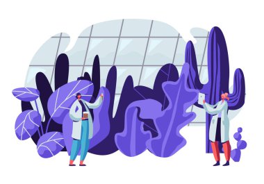 Gadget'lar ve Test Tüpleri Egzotik ve Nadir Bitkiler Türler Öğrenme ile Sera Botanikçi Bilim Adamları. Tarım, Tarım Sanayi, Botanik Bilim Araştırmaları. Karikatür Düz Vektör İllüstrasyon