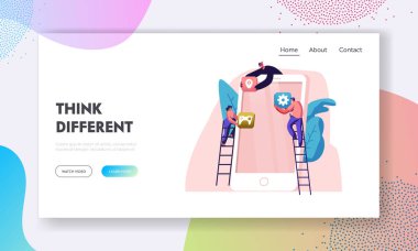 Yoğun Çalışma Süreci, İşbirliği, Ekip Çalışması. İnsanlar Akıllı Telefon Ekranına Uygulama Simgeleri Koymak Cep Telefonu, Web Sitesi Açılış Sayfası, Web Sayfası için Uygulama Geliştirin. Karikatür Düz Vektör İllüstrasyon, Afiş