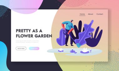 Bahçıvan veya Botanikçi Bilim Adamı Nadir Bitkiler ile Sera Yüzen Lotus Çiçekler iyle Gölet yakınında Kelebek Net standı. Web Sitesi Açılış Sayfası, Web Sayfası. Karikatür Düz Vektör İllüstrasyon, Afiş