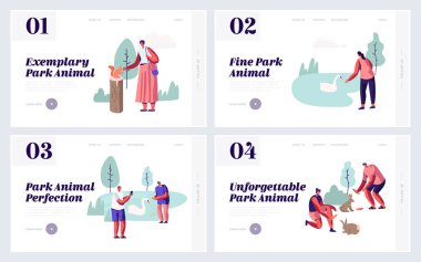Animal Park Web Sitesi Açılış Sayfa Seti Zaman Harcama İnsanlar. Vahşi Hayvanlarla Açık Hava Hayvanat Bahçesi'nde Eğlence, Beslenme, Oyun Oynama, Fotoğraf Çekme, Boş Zaman Web Sayfası. Karikatür Düz Vektör İllüstrasyon, Afiş