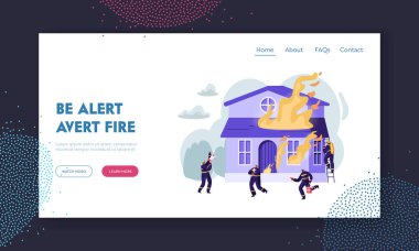 Yanan Evde Alevler ile Mücadele İtfaiyeciler Grubu. Takım Söndürme Büyük Yangın, Megafon için Crying, Taşıma Su Tasarrufu Köpek Web Sitesi Açılış Sayfası, Web Sayfası. Karikatür Düz Vektör İllüstrasyon, Afiş