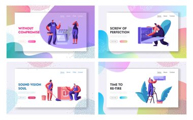 Koca bir saat, Onarım Servisi Web Sitesi Açılış Sayfası Seti. Üniformalı Adamlar Evde Kırık Teknikler Tamir. Elektrikçi, Tesisatçı Çağrı Master At Work Web Sayfası. Karikatür Düz Vektör İllüstrasyon, Afiş