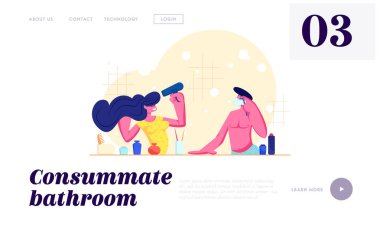 Her Gün Rutin, Hijyen. Sevgi dolu çift sabah prosedürü. Fan ile Saç Kurutma Kız, Banyoda Erkek Tıraş. Aşk İlişkileri Web Sitesi Açılış Sayfası, Web Sayfası. Karikatür Düz Vektör İllüstrasyon, Afiş