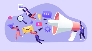 Büyük Megafon, İletişim, Uyarı Reklam, Propaganda, Konuşma Baloncukları ve Sosyal Medya Simgeleri ile Pazarlama Ekibi Çalışması. Halkla İlişkiler ve İlişkiler, Pr Ajansı Karikatür Düz Vektör İllüstrasyon