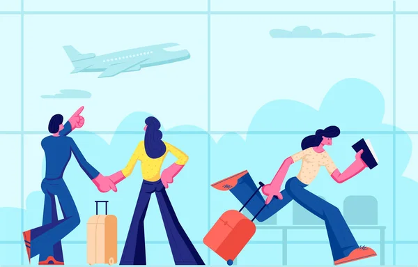 Пасажири в аеропорту їдуть у відпустку. Щаслива молода пара з багажем очікування польоту в терміналі. Жінка тримає квитки — стоковий вектор