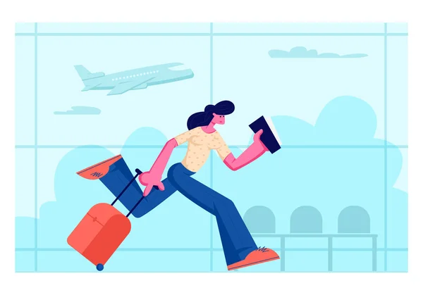 Joven mujer personaje sosteniendo billete en las manos que corren con equipaje en la terminal del aeropuerto Zona de espera con avión volador — Vector de stock