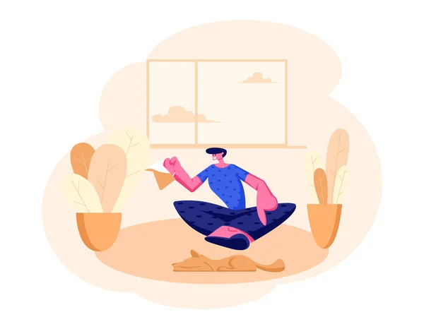 Hombre Sonriente Sentado en el Piso con Tetera en las Manos en el Interior del Hogar. Hombre Caracter Tener Ocio, Tiempo Libre, Relajarse o Charlar con Amigo, Hospitalidad. Dibujos animados plana Vector Ilustración — Archivo Imágenes Vectoriales