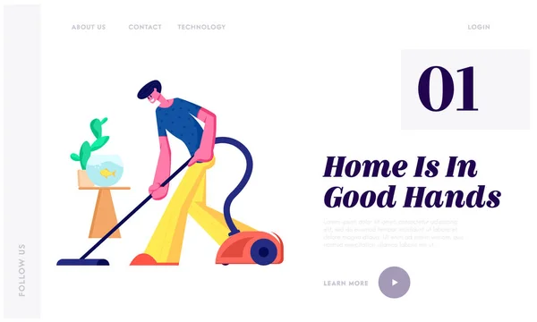 Homem Fazendo Trabalho Doméstico, Piso de Limpeza Todos os Dias Routine Chores, Householder Vacuuming Home with Vacuum Cleaner in Living Room Site Landing Page, Página Web. Desenhos animados Flat Vector Ilustração, Banner —  Vetores de Stock