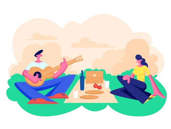 Happy Couple of Male and Female Characters Dating Outdoors on Picnic. Declaration of Love, Young Man Playing Guitar, Singing Song to Girl, Romantic Relations, Meeting Cartoon Flat Vector Illustration